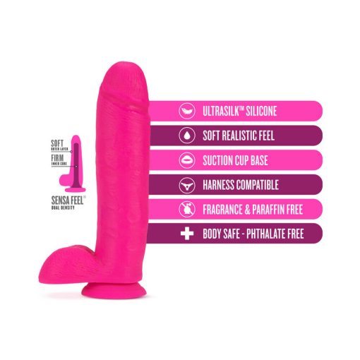 Neo Elite 10 In. Silicone Dual Density Dildo With Balls Neon Pink - Image 5