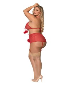 Magic Silk Marabou Bra, Garter Skirt & G-String Set Red Queen