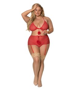 Magic Silk Marabou Bra, Garter Skirt & G-String Set Red Queen