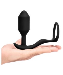 B-Vibe Vibrating Snug & Tug Rechargeable Weighted Silicone Anal Plug With Cockring M Black