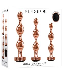 Gender X Gold Digger 3-Piece Rose Gold Beaded Anal Plug With Black Gemstone Base Set