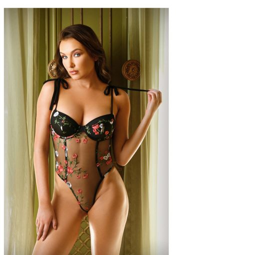 Fantasy Lingerie Tease Stevie Floral Embroidered Mesh Bodysuit Black S/M - Image 2