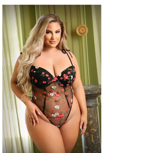 Fantasy Lingerie Tease Stevie Floral Embroidered Mesh Bodysuit Black Xl/2Xl - Image 3