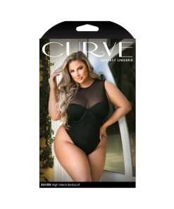 Fantasy Lingerie Curve Raven High-Neck Bodysuit With Back Cutout & Snap Closure Black Xl/2Xl