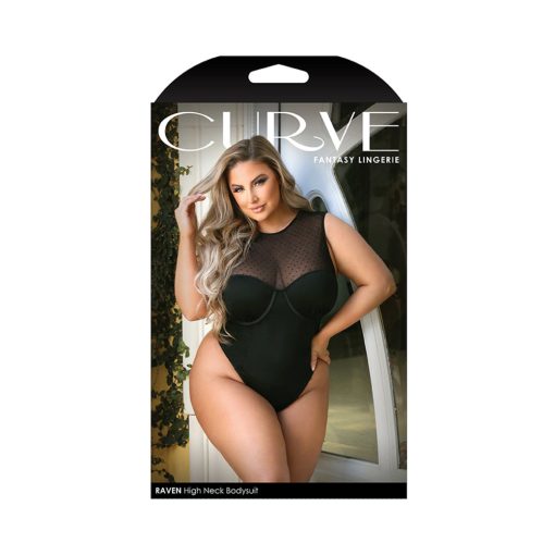Fantasy Lingerie Curve Raven High-Neck Bodysuit With Back Cutout & Snap Closure Black Xl/2Xl