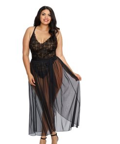 Dreamgirl Teddy & Sheer Mesh Maxi Skirt With G-String Black Queen 2X Hanging