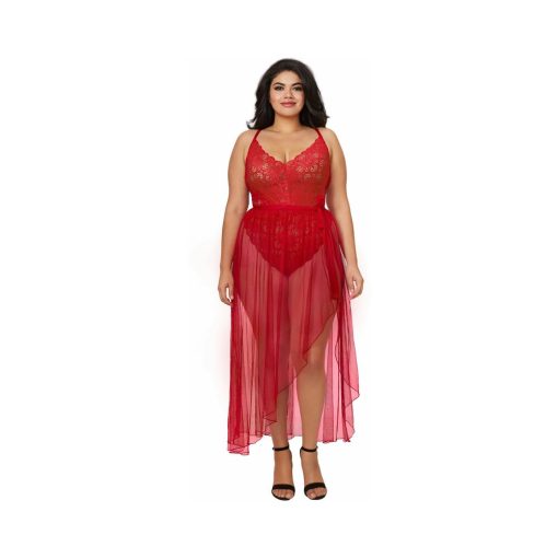 Dreamgirl Dreamgirl Teddy & Sheer Mesh Maxi Skirt With G-String Rouge Queen 3X Hanging - Image 3