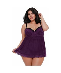 Dreamgirl Stretch Mesh And Lace Babydoll Plum Queen 1X Hanging
