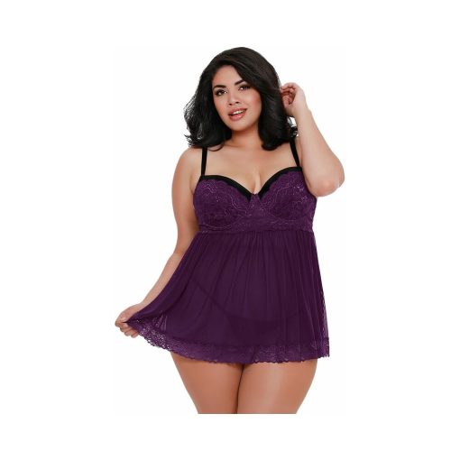 Dreamgirl Stretch Mesh And Lace Babydoll Plum Queen 2X Hanging