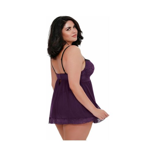 Dreamgirl Stretch Mesh And Lace Babydoll Plum Queen 2X Hanging - Image 2