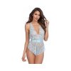 Dreamgirl Lace Romper With Eyelash Lace Trim And Open Back Blue Small Hanging