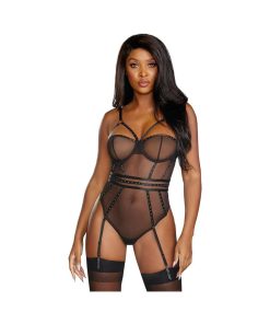 Dreamgirl Sheer Stretch Mesh Snap Crotch Teddy With Removable Garters Black Small Hanging