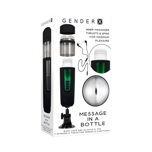 Gender X Message In A Bottle Rechargeable Thrusting Spinning Stroker With Suction Cup Base Black