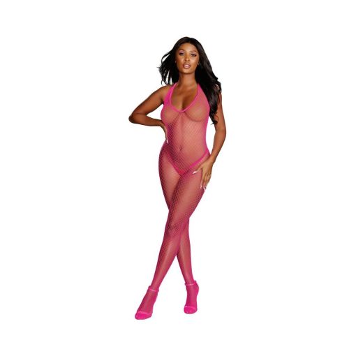Dreamgirl Diamond-Net Halter Bodystocking With Open Crotch Neon Pink Os - Image 2