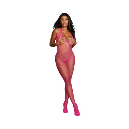 Dreamgirl Diamond-Net Halter Bodystocking With Open Crotch Neon Pink Os - Image 3