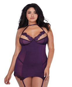 Dreamgirl Microfiber And Mesh Garter Slip With Underwire Shelf Bra Plum Queen