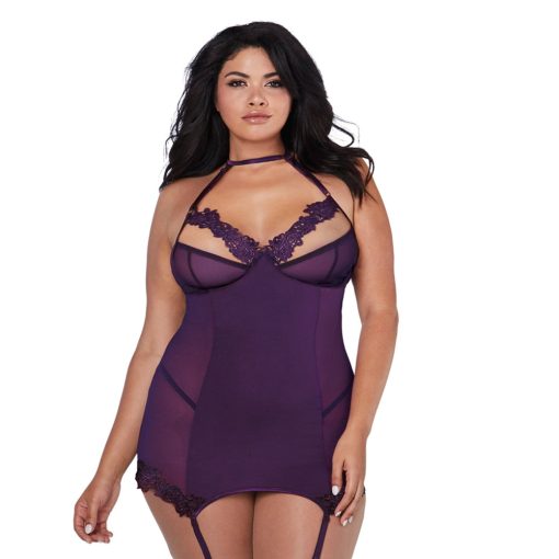 Dreamgirl Microfiber And Mesh Garter Slip With Underwire Shelf Bra Plum Queen