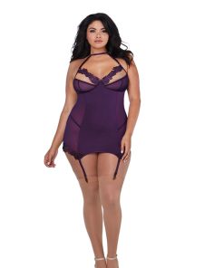 Dreamgirl Microfiber And Mesh Garter Slip With Underwire Shelf Bra Plum Queen