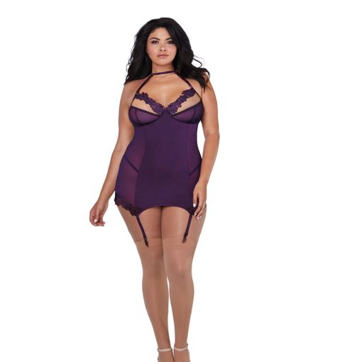 Dreamgirl Microfiber And Mesh Garter Slip With Underwire Shelf Bra Plum Queen - Image 3