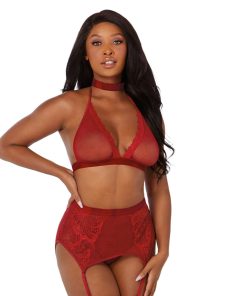 Dreamgirl Fishnet And Lace Four-Piece Set With Stretch Velvet Trim Accents Garnet Os