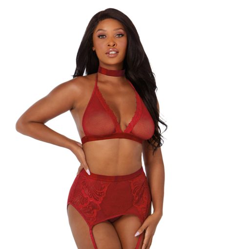 Dreamgirl Fishnet And Lace Four-Piece Set With Stretch Velvet Trim Accents Garnet Os