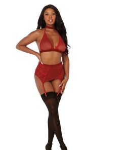 Dreamgirl Fishnet And Lace Four-Piece Set With Stretch Velvet Trim Accents Garnet Os