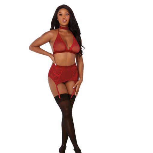 Dreamgirl Fishnet And Lace Four-Piece Set With Stretch Velvet Trim Accents Garnet Os - Image 4