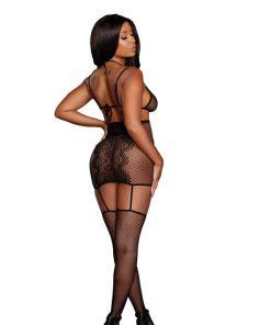 Dreamgirl Fishnet And Lace Two-Piece Garter Dress With Separate Bralette Black Os