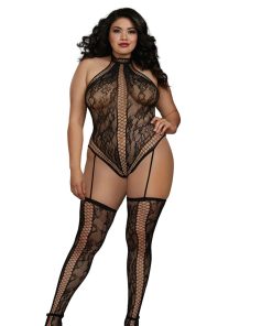 Dreamgirl Lace Teddy Bodystocking With Criss-Cross Details, Halter Neckline Black Queen