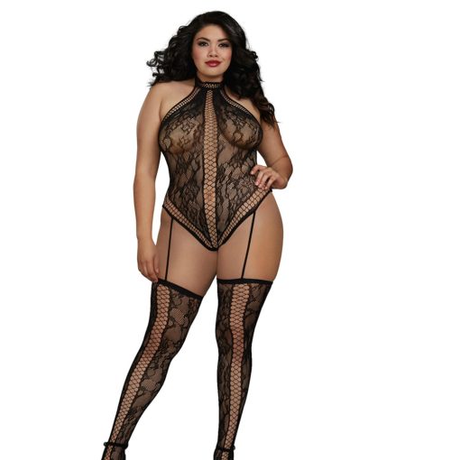 Dreamgirl Lace Teddy Bodystocking With Criss-Cross Details, Halter Neckline Black Queen - Image 4