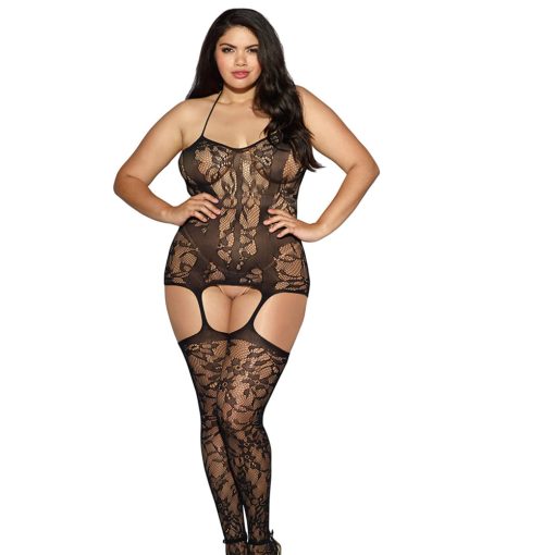 Dreamgirl Lace Fishnet Halter Garter Dress With Opaque Bodice Style Lines Black Queen - Image 2