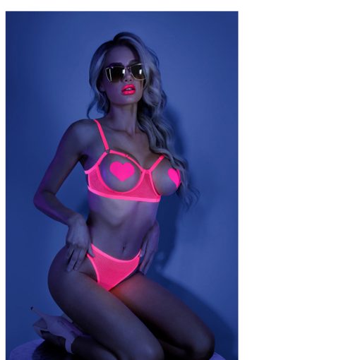 Fantasy Lingerie Glow Sweet Escape Open-Cup Cage Bra & Crotchless Neon Pink Panty M/L - Image 2