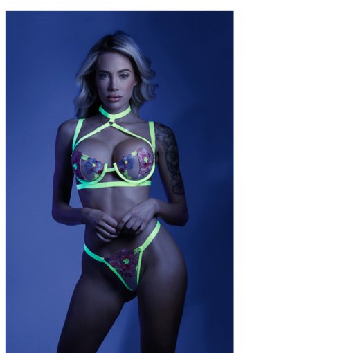 Fantasy Lingerie Glow In A Trance Harness Bra, Garter Belt Neon Chartreuse L/Xl - Image 3