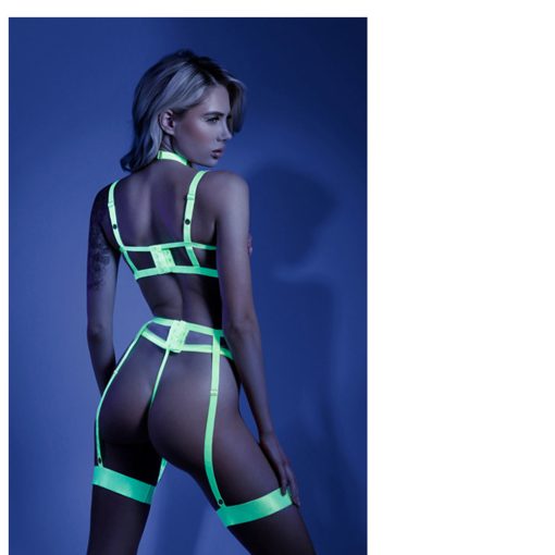 Fantasy Lingerie Glow In A Trance Harness Bra, Garter Belt Neon Chartreuse L/Xl - Image 4