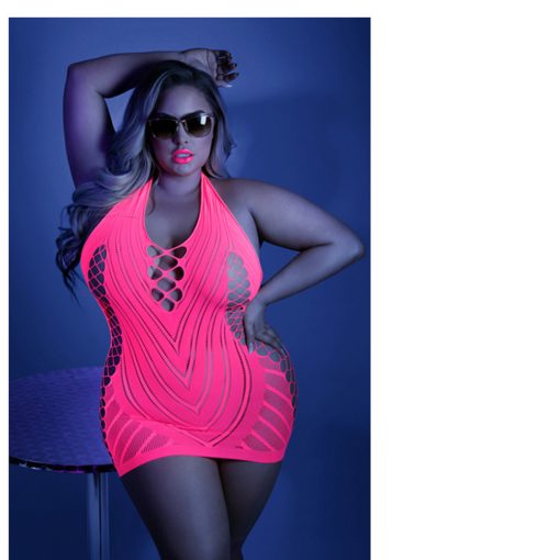Fantasy Lingerie Glow Shock Value Net Halter Dress Neon Pink Queen Size - Image 2