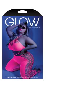 Fantasy Lingerie Glow Own The Night Cropped Cut-Out Halter Bodystocking Neon Pink Queen Size
