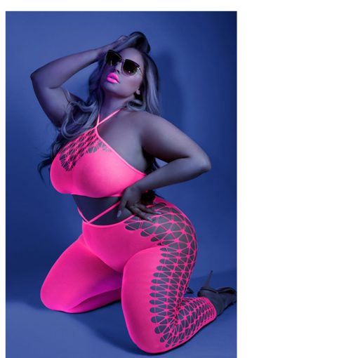 Fantasy Lingerie Glow Own The Night Cropped Cut-Out Halter Bodystocking Neon Pink Queen Size - Image 2