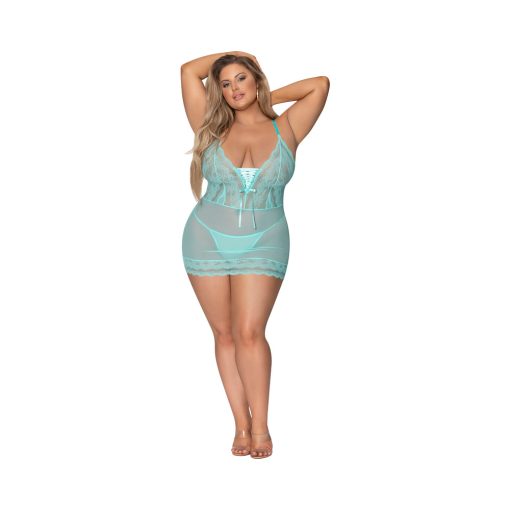 Magic Silk Seabreeze Lace-Up Chemise & G-String Turquoise Queen Size - Image 4