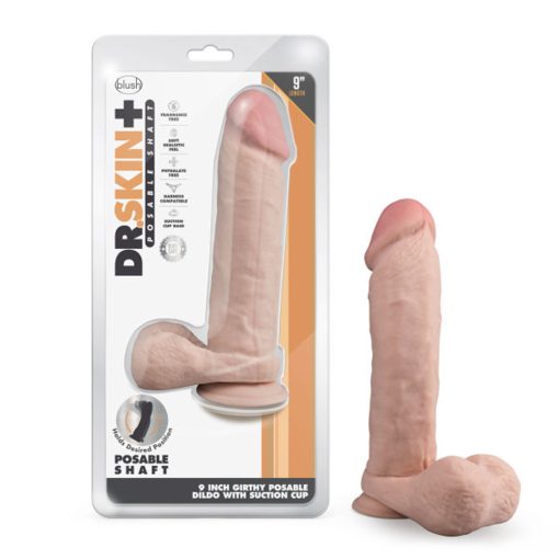Dr. Skin Plus Thick 9 In. Triple Density Posable Dildo With Balls Beige