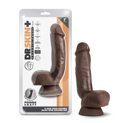 Dr. Skin Plus Thick 8 In. Triple Density Posable Dildo With Balls Brown