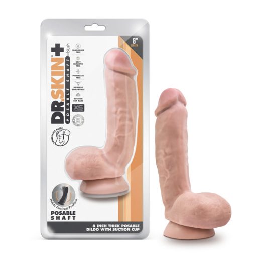 Dr. Skin Plus Thick 8 In. Triple Density Posable Dildo With Balls Beige