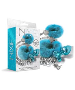 Nixie Metal Butt Plug & Furry Handcuff Set Medium Blue Metallic