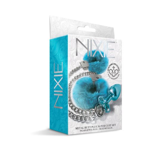Nixie Metal Butt Plug & Furry Handcuff Set Medium Blue Metallic - Image 2