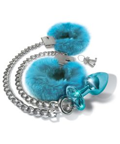 Nixie Metal Butt Plug & Furry Handcuff Set Medium Blue Metallic