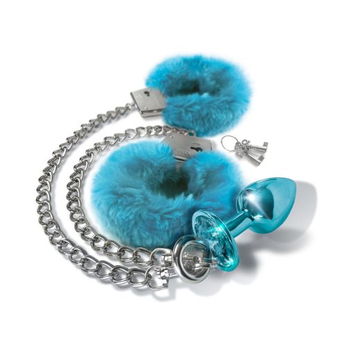 Nixie Metal Butt Plug & Furry Handcuff Set Medium Blue Metallic - Image 3