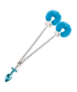 Nixie Metal Butt Plug & Furry Handcuff Set Medium Blue Metallic
