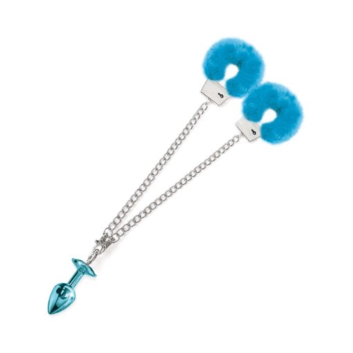Nixie Metal Butt Plug & Furry Handcuff Set Medium Blue Metallic - Image 5