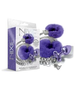 Nixie Metal Butt Plug & Furry Handcuff Set Medium Purple Metallic