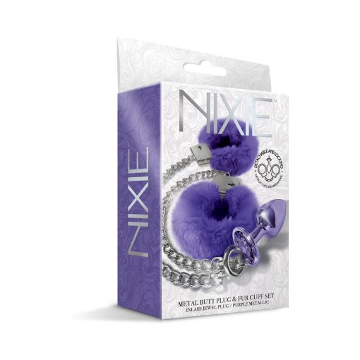 Nixie Metal Butt Plug & Furry Handcuff Set Medium Purple Metallic - Image 2
