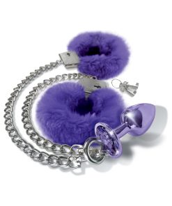 Nixie Metal Butt Plug & Furry Handcuff Set Medium Purple Metallic